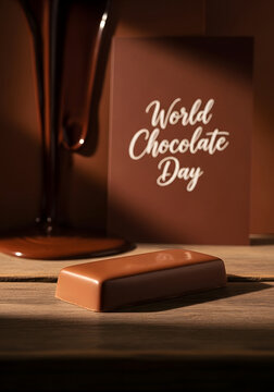 Chocolate bar on table with World Chocolate Day card