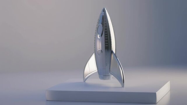 A sleek and polished chrome rocket ship standing stationary on a minimalist platform, symbolizing innovation and future space exploration technologies in a clean and modern studio environment.