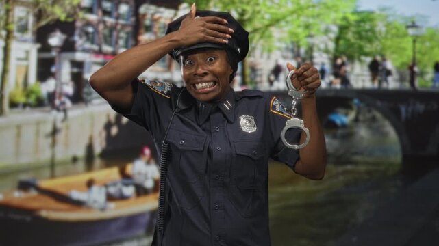 Woman police officer holds handcuffs and presses hand to forehead on street by canal bridge and boat; surprise humor duty.