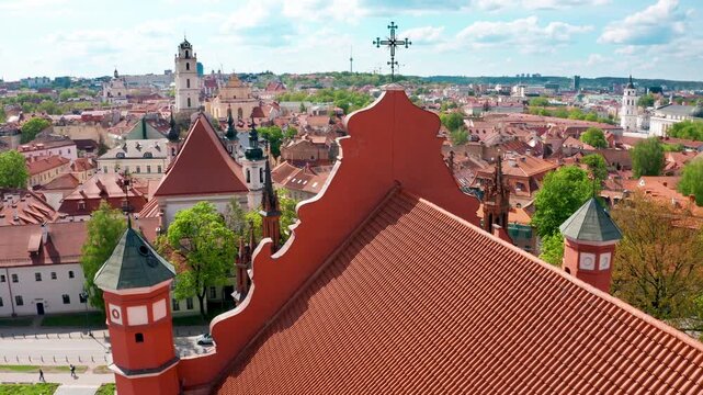 Vilnius, Lithuania &ndash; May 15, 2026: Drone view of St. Anne&rsquo;s Church and the Bernardine complex roofs in Vilnius Old Town.