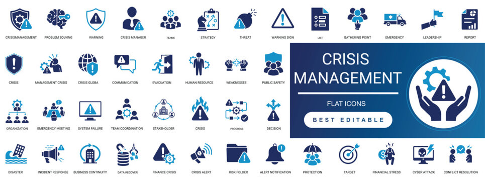 crisis management icon set. recovery, strategy, risk, safety, disaster, protection, problem, solution, emergency, response, business continuity, communication. editable vector solid glyph illustration