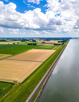 Aerial view of a vast agricultural landscape with fields and a large body of water