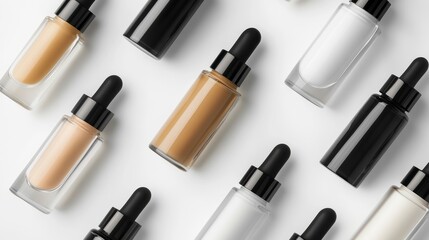 Obraz premium Flat lay of various cosmetic bottles with dropper on white background.