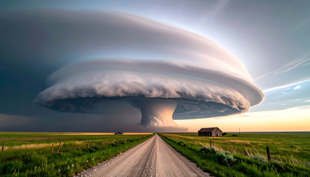 Supercell thunderstorm over a flat prairie landscape with a rotating wall cloud and tornado vortex captured in dynamic long exposure generative AI