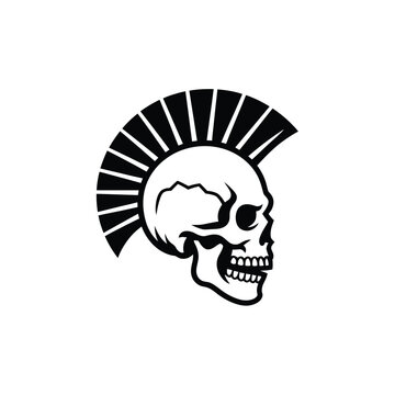 Skull with mohawk hairstyle black silhouette on white background