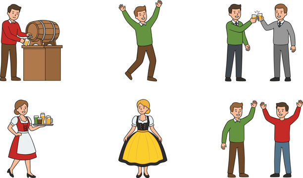 Beer Festival and Celebration Illustrations with People Drinking, Serving, and Enjoying Oktoberfest