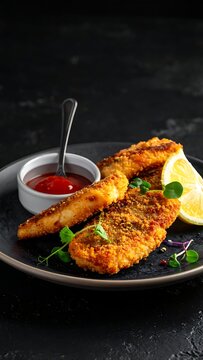 Delicious fried fish with lemon and sauce.