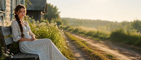 Naklejka premium Beautiful young woman with long braid sitting on wooden bench near village house, scenic countryside road at sunrise
