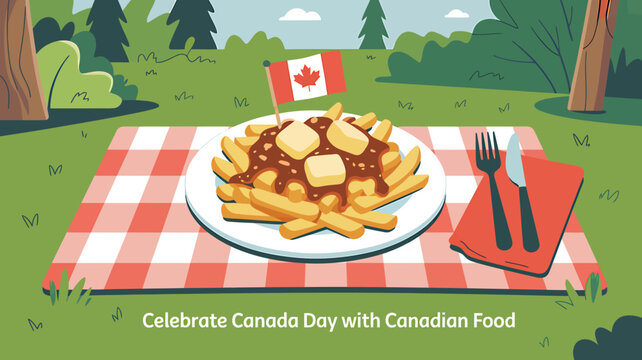 Canadian poutine on a picnic table in a park on a sunny day with trees