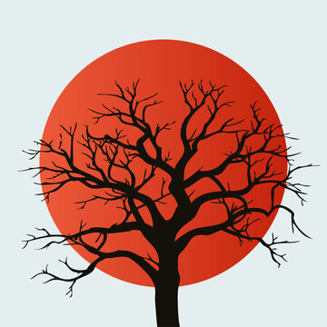 Logotipo con dibujo minimalista de la silueta de un &aacute;rbol desnudo con un sol rojo al fondo 