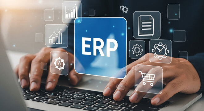 ERP in Action: A close-up shot of hands typing on a laptop, with digital ERP system icons overlaid, symbolizing data integration, efficient operations, and streamlined processes. 