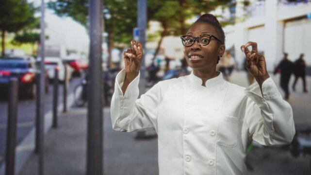 Young african american woman chef in white coat and glasses forms air quotes with fingers on a busy city street; skepticism.