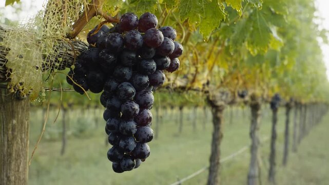Cluster of ripe black grapes hanging from vine in vineyard, surrounded by green leaves and rows of grapevines stretching into the distance under soft natural light