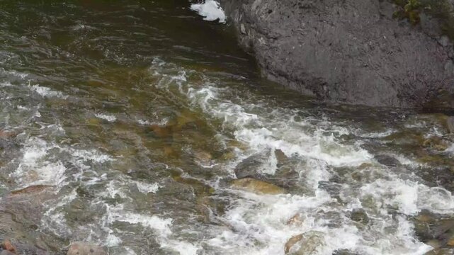 Wide shot of a river running through Chingaza paramo natural park high altitude andean ecosystem in Colombia