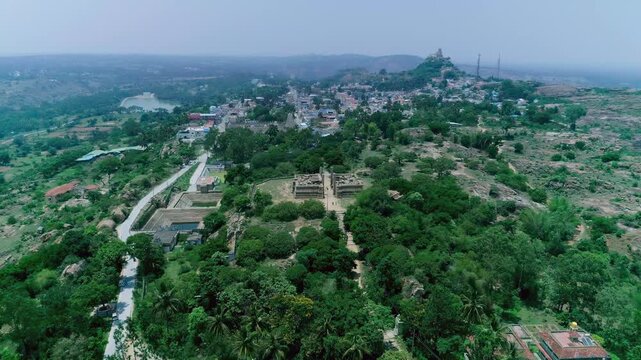 Raya Gopura twin ponds aerial view Narasimha temple in the lush tropical Karnataka landscape India