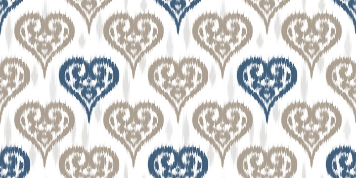 Ikat seamless pattern. Ethnic abstract design with hearts symbols on white background. Boho motif ornament on white background for textile. Retro rug textured orient decoration. Vector