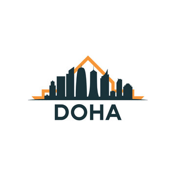 Doha skyline silhouette with geometric shape modern logo design