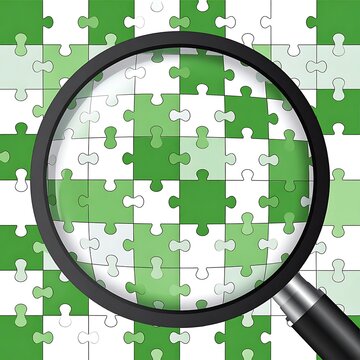 Magnifying glass on puzzle pieces background.