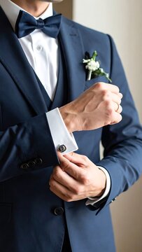 Man in suit adjusting cufflink.