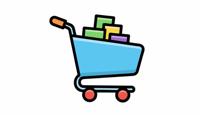 Cartoon shopping cart icon with products bold outline colorful ecommerce business vector illustration © Rune Veil
