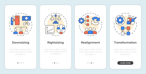 Fototapeta premium Operational change categories onboarding mobile app screen. Walkthrough 4 steps editable graphic instructions with linear concepts. UI, UX, GUI. Montserrat SemiBold, Regular fonts used