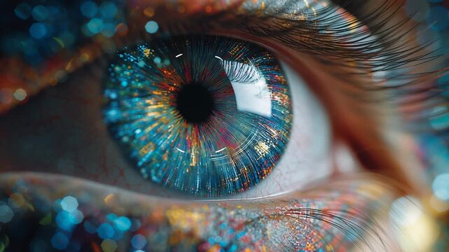 Colorful close up human eye reflection digital art with vibrant iris glowing bokeh lights detailed eyelashes skin texture mesmerizing effect