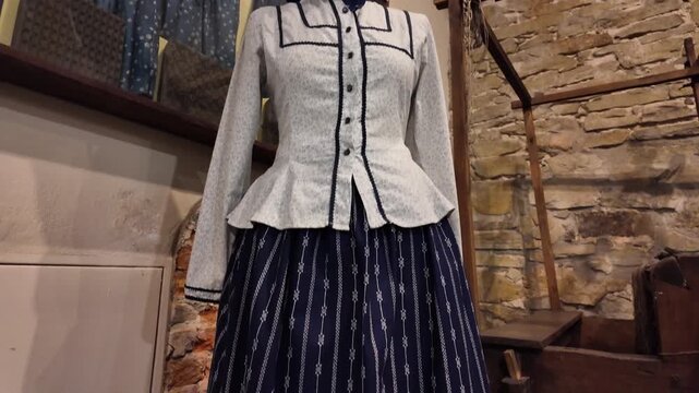 Historic rural costume featuring a decorated white blouse, navy shawl and patterned skirt. Museum exhibit showcasing cultural heritage.