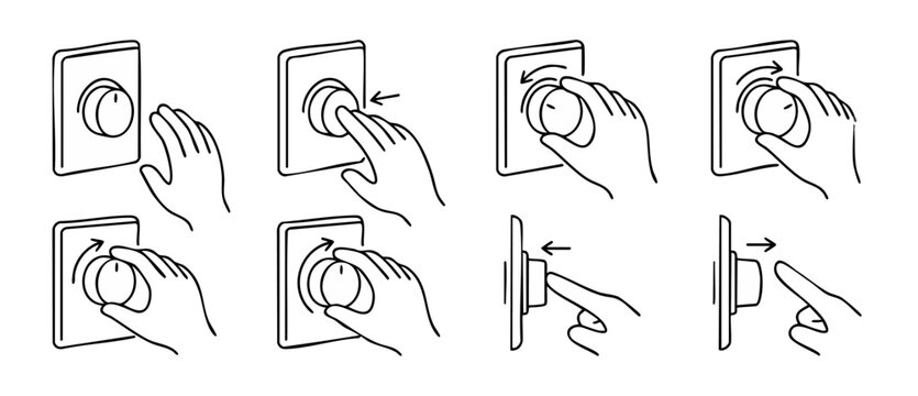 Hand operating control knob icon set, pressing and turning dial instruction vectors, manual adjustment dial symbols for technical interface, industrial equipment settings and user interface control pa