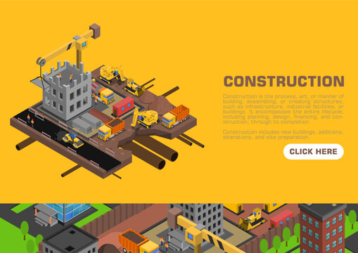 Modern construction infographic icon set for website banners and social media. Industrial building tool, engineering equipment symbol, architecture progress graphic, and safety helmet vector design.