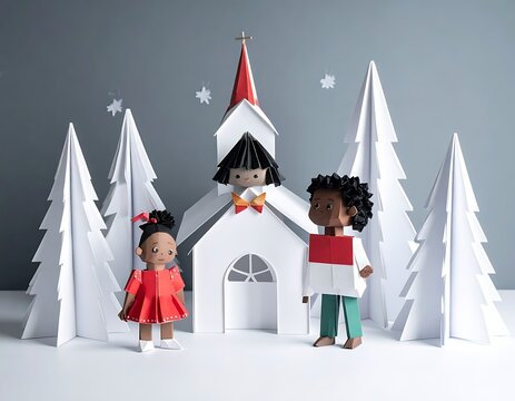 Paper cutout Christmas scene with kids.