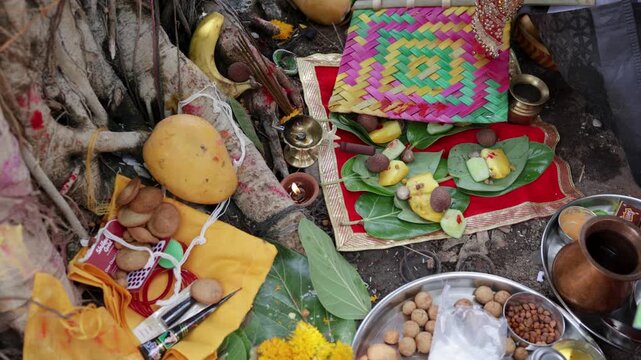 spiritual worship scene with puja thali offerings and sacred tree on vat savitri festival