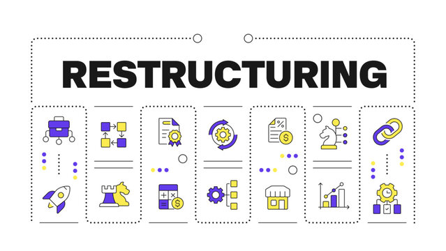 Restructuring word concept isolated on white. Data driven business development. Financial management. Creative illustration banner surrounded by editable line colorful icons. Hubot Sans font used