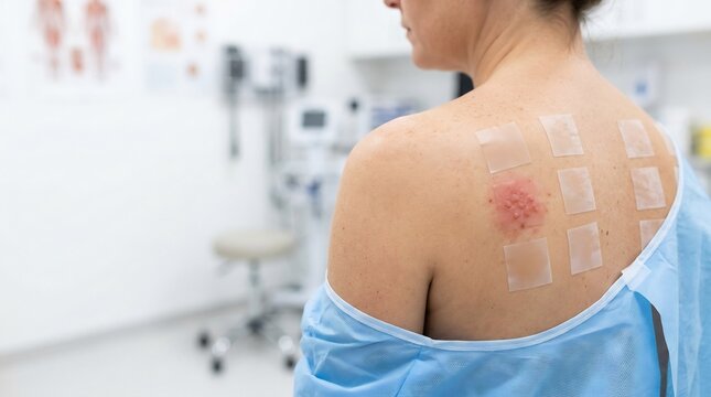 Close-up of an adult patient's upper back during a dermatological patch test showing an allergic skin reaction