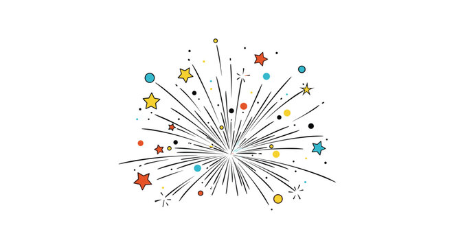 Vibrant fireworks display featuring colorful stars and circular sparks exploding in a festive celebration graphic design.