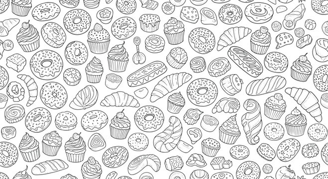 Extensive seamless pattern of hand drawn bakery items including donuts, croissants, and cupcakes for delicious food wallpapers.