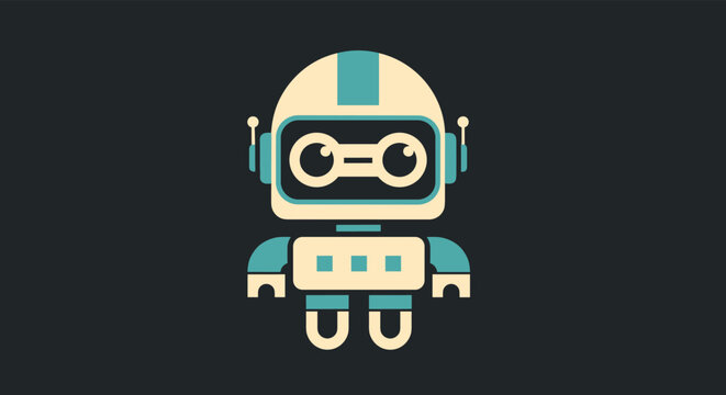 Cute little robot character with big eyes and antennas in a flat color style on a dark grey background for technology and sci fi themes.