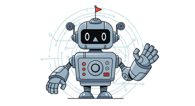 Friendly grey robot character with a red flag antenna waving hello on a technical circuit background for artificial intelligence themes.