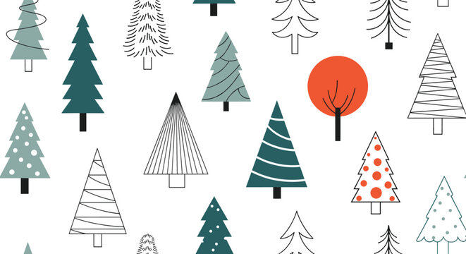 Modern seamless pattern of various stylized coniferous and deciduous trees in green blue and orange tones for nature and forest themes.