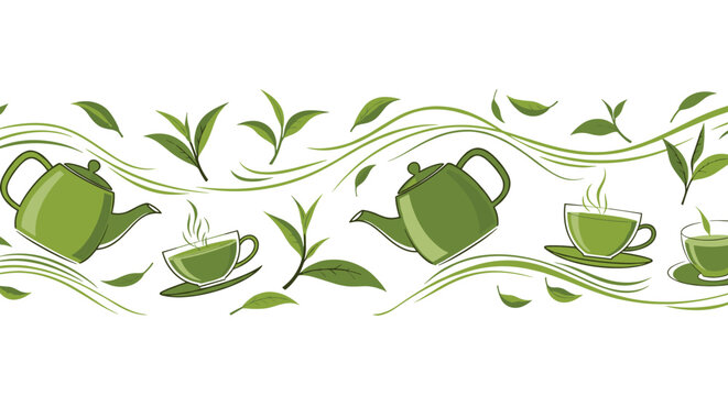 Fresh green tea themed seamless border pattern with teapots cups and tea leaves for header frame or menu designs for cafe and tea shops.