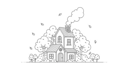 Fototapeta premium Detailed black and white line art of a charming two-story house nestled among many leafy trees with smoke coming from the chimney and falling leaves.