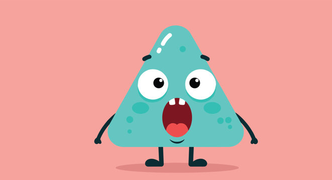 Fun cartoon character of a light blue triangle with a surprised wide-eyed expression, open mouth, and tiny arms and legs on a coral pink background.
