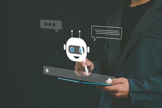 Business professional using AI chatbot interface on tablet with virtual assistant and digital communication technology, representing smart customer support, automation and conversational AI services.