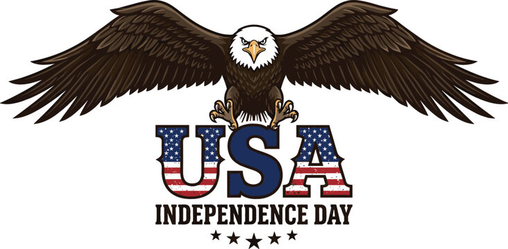 American bald eagle vector illustration with outspread wings over USA flag text for 4th of July Independence Day isolated on white background
