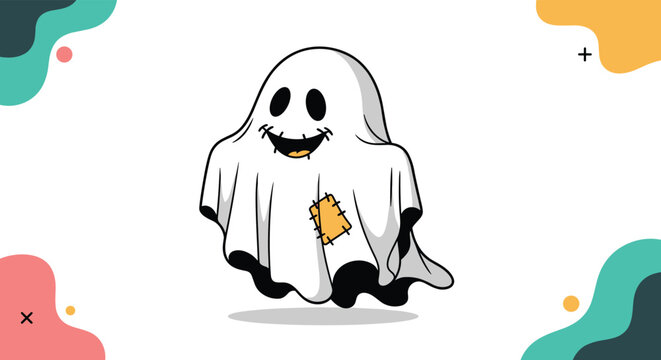 Cute cartoon ghost character with a happy smiling face and a small yellow patch, surrounded by colorful abstract shapes for Halloween.
