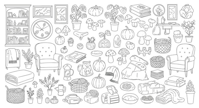Large set of black and white line drawings featuring home furniture, plants, books, mushrooms, pumpkins, and various cozy autumn-themed objects.
