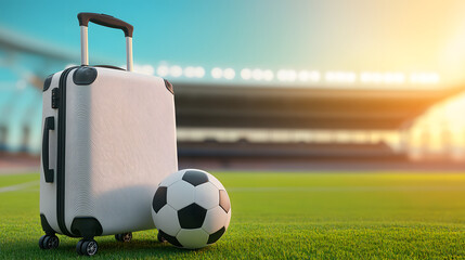 A travel suitcase next to a football ball on a football field with stadium stands and a sunny sky in the background—a concept for sports travel