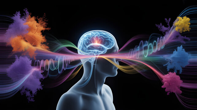 A human brain connected to a holographic AI interface, generating streams of art, music, and designs simultaneously into the air, hyper-realistic, vibrant energy flows