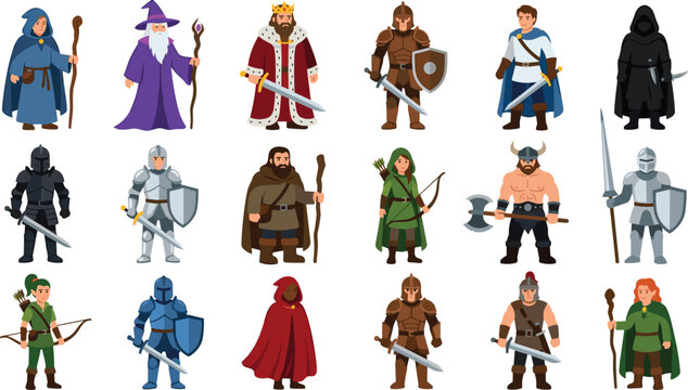 Medieval Fantasy Characters Set Featuring Wizards, Kings, Knights, Archers, and Warriors with Weapons and Armor for Adventure Illustrations.