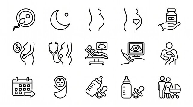 Minimalist line icons showing pregnancy stages, prenatal care, medical consultation, vitamins, ultrasound, conception, and baby timeline in modern design.