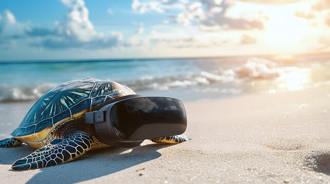 A sea turtle wearing virtual reality goggles on a tropical shore with the ocean and a clear blue sky&mdash;a futuristic beach vacation concept